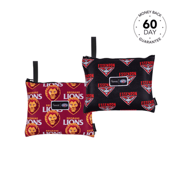 Two small rectangular pouches with black handles: maroon left pouch with Brisbane Lions logo and lion pattern; black right po