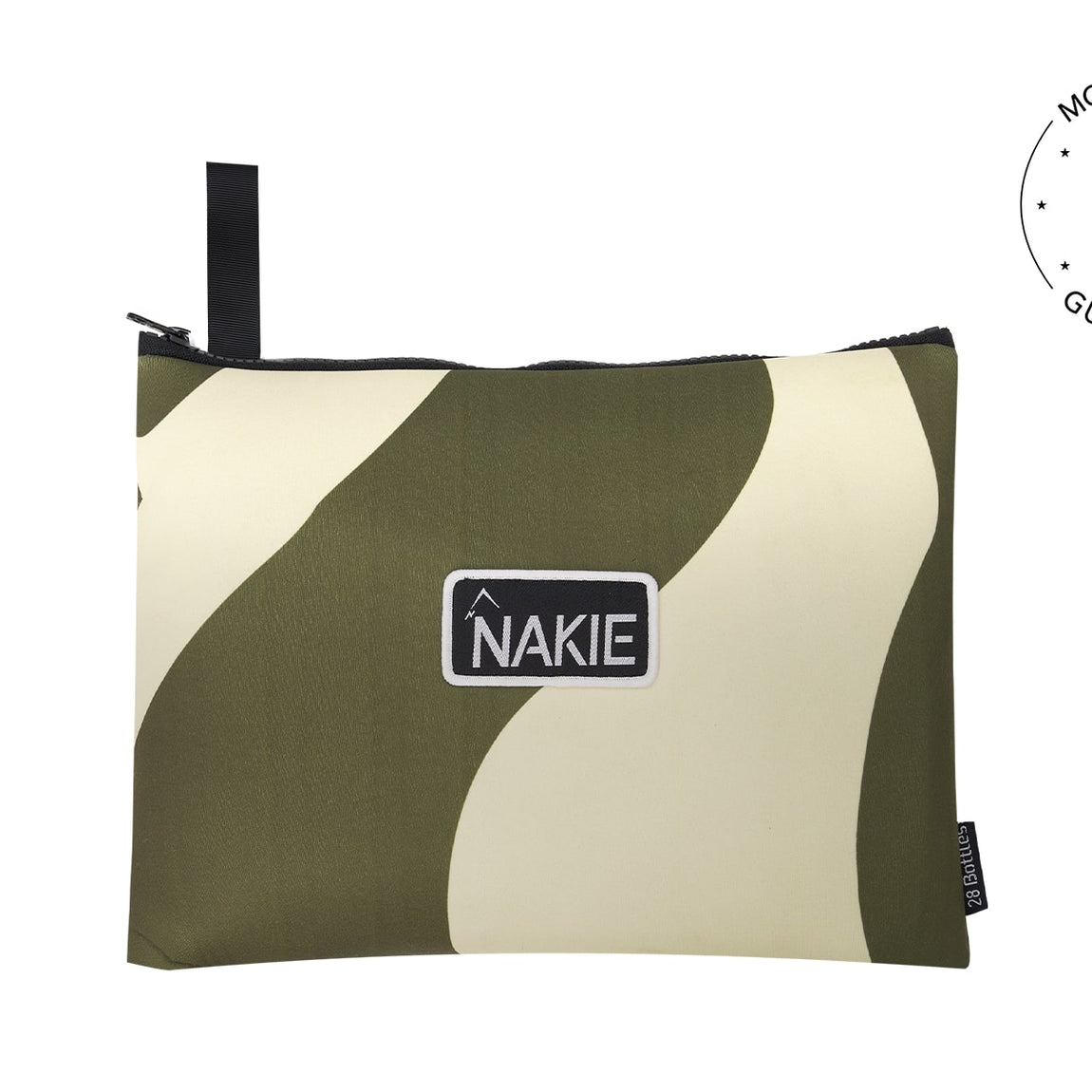 Eucalyptus green and cream curved striped recycled beach towel with black carry handle and NAKIE brand label