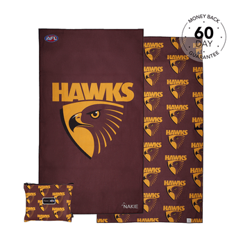 Hawthorn Hawks maroon and gold beach towel with eagle logo and repeated hawk pattern, shown with matching sand-free pouch.