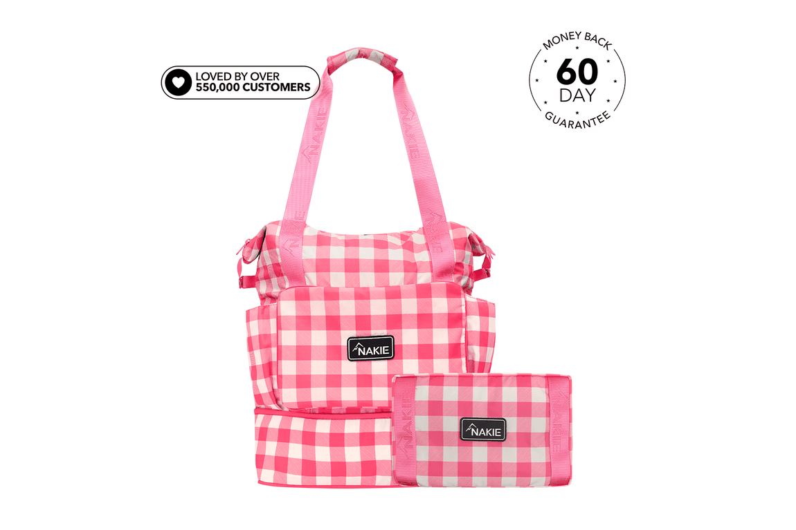 Perfect Pink recycled tote bag in pink and white gingham with its fold-away pouch