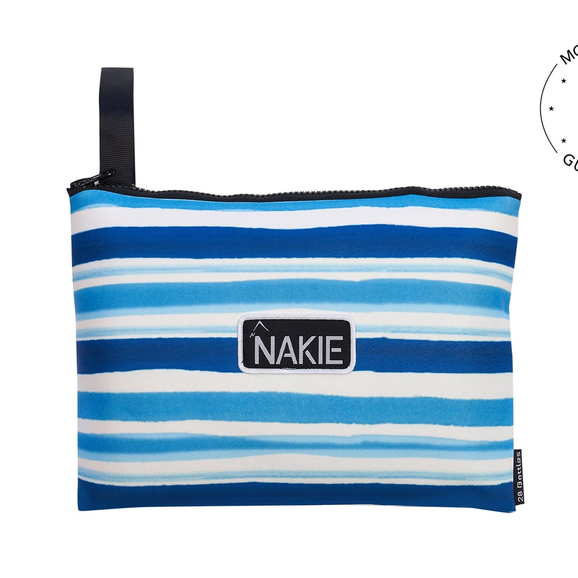 Blue and white striped recycled sand-free beach towel with black carry handle and Nakie logo patch, front view.