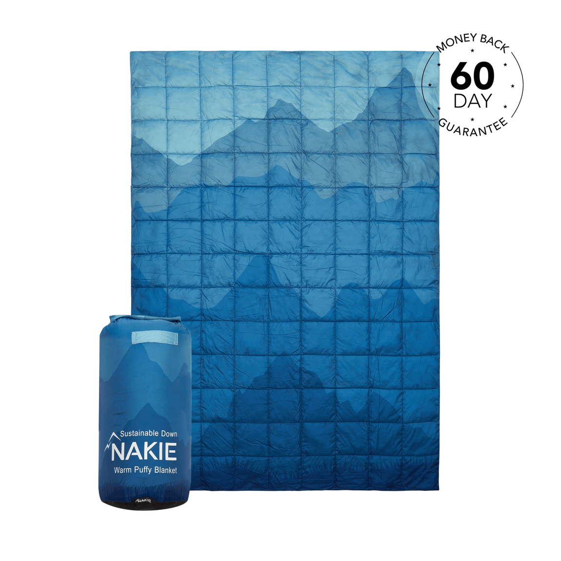 Studio shot of Nakie's Mountain Blue puffy blanket, showcasing its cozy warmth and eco-friendly design, perfect for outdoor adventures and cozy nights