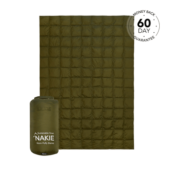 Studio shot of Nakie's Olive Green puffy blanket, showcasing its cozy warmth and eco-friendly design, perfect for outdoor adventures and cozy nights