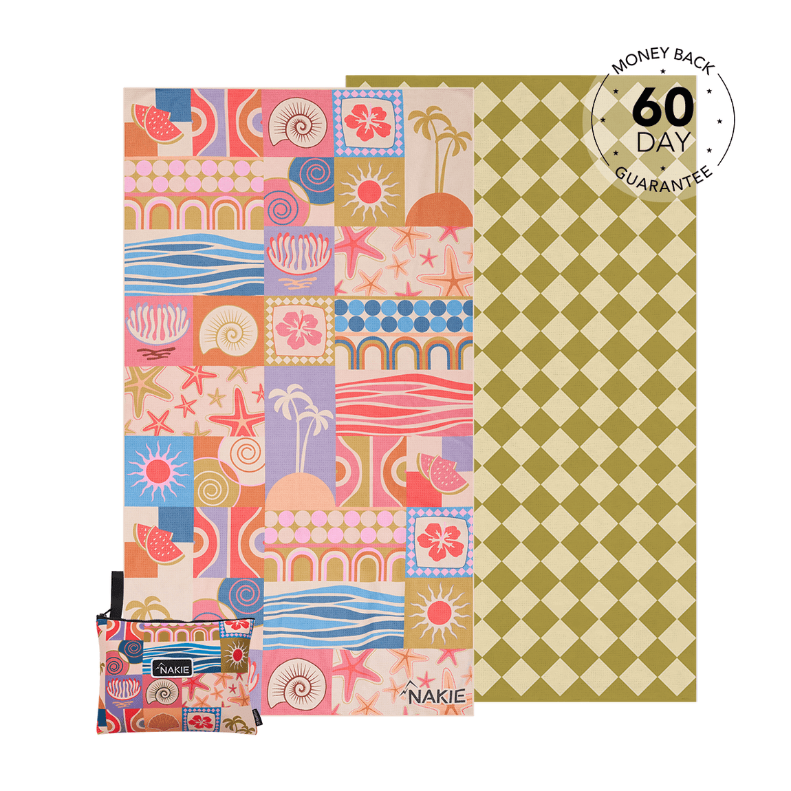 Retro Shores recycled beach towel with colorful patchwork design of tropical motifs and olive diamond pattern