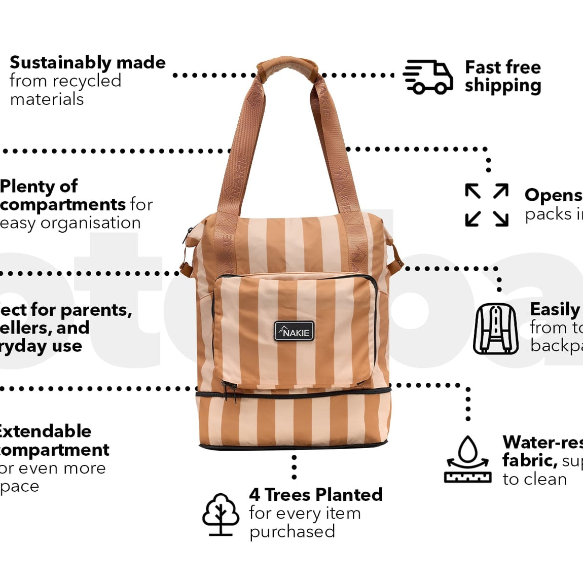 Tan and cream striped recycled tote bag with brown handles and expandable bottom compartment, front view.