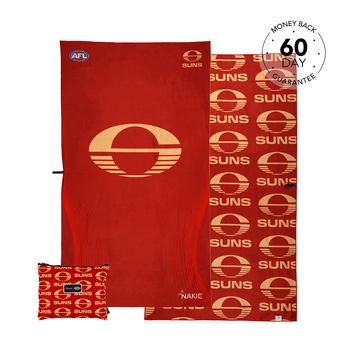 Gold Coast SUNS AFL beach towel in red with gold logo and repeating SUNS pattern, displayed flat with matching small pouch.