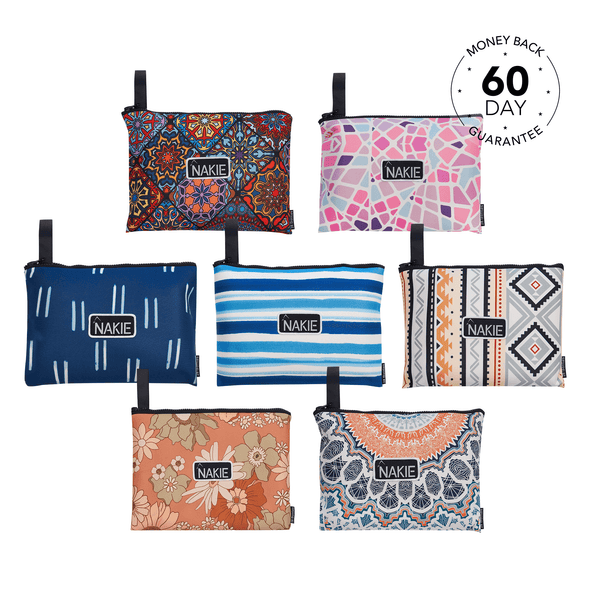 Seven NAKIE pouches with assorted patterns including florals, stripes, geometric designs and colorful prints