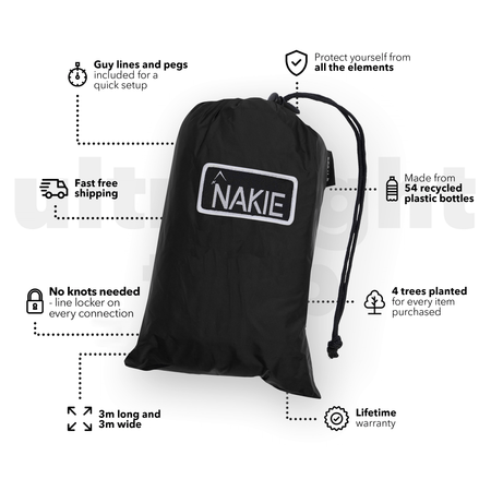 Nakie tarp in a studio setting, highlighting its durable, waterproof design and eco-friendly material made from recycled plastic bottles.