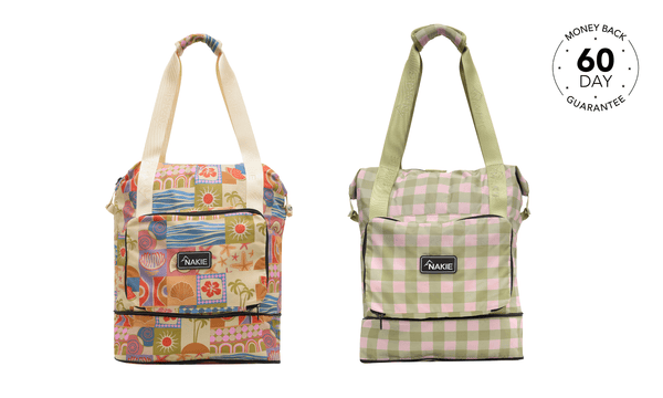 Two recycled tote bags: one with colorful patchwork tropical print and cream handles