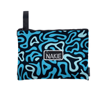 NAKIE recycled beach towel with blue abstract wavy pattern on black, carrying loop attached. preview #9