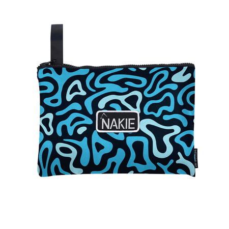 NAKIE recycled beach towel with blue abstract wavy pattern on black, carrying loop attached.
