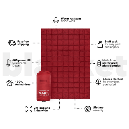 Studio shot of Nakie's Earth Red Sustainable Down Puffy Blanket, highlighting its key benefits such as lightweight warmth, eco-friendly materials, and sustainable design.